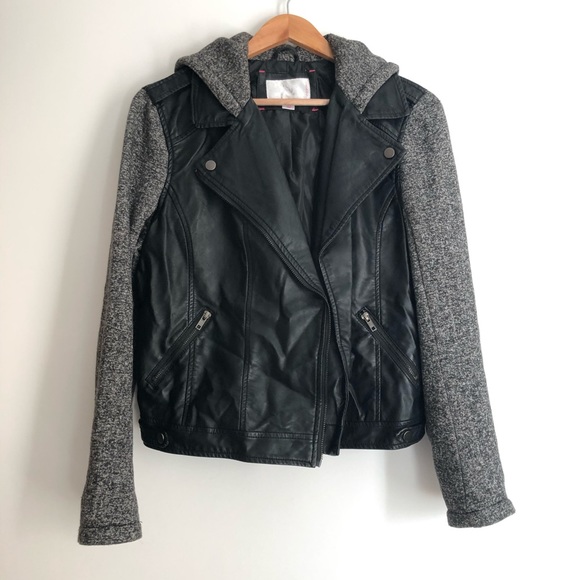 leather jacket with cotton sleeves and hood